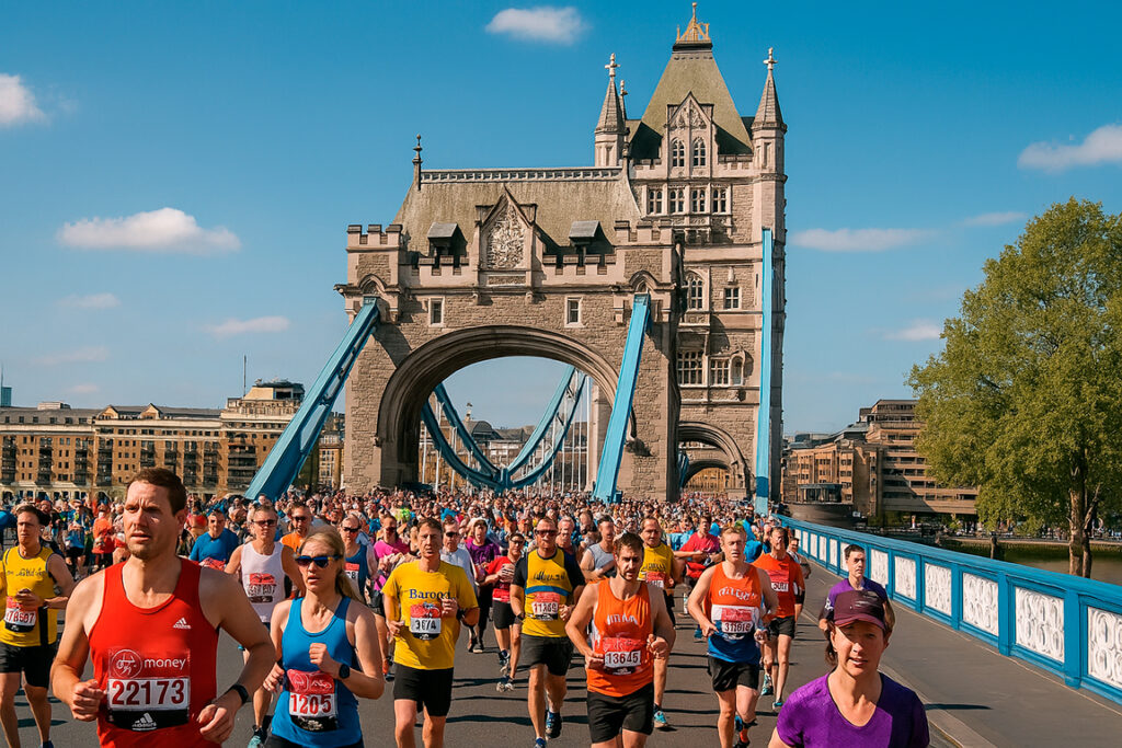 Corredores cruzando el Tower Bridge durante la Maratón de Londres
