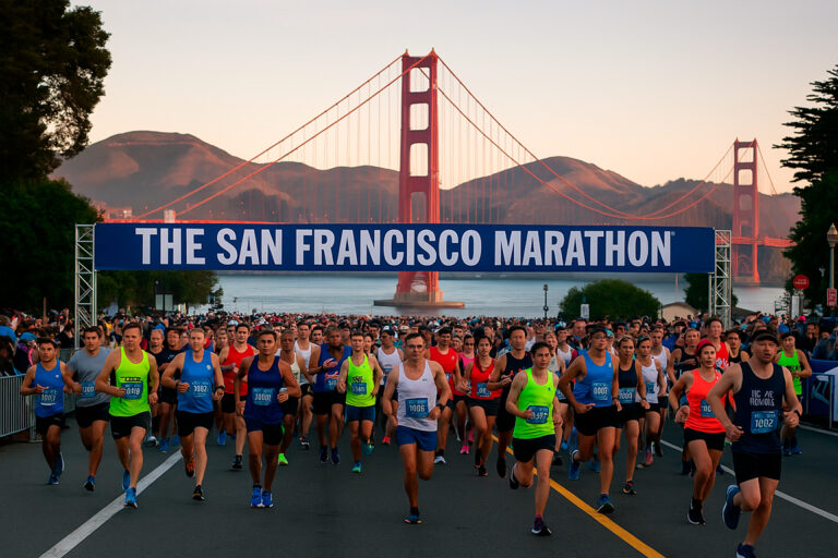 Corredores en la Maratón de San Francisco con vistas al puente de Golden Gate
